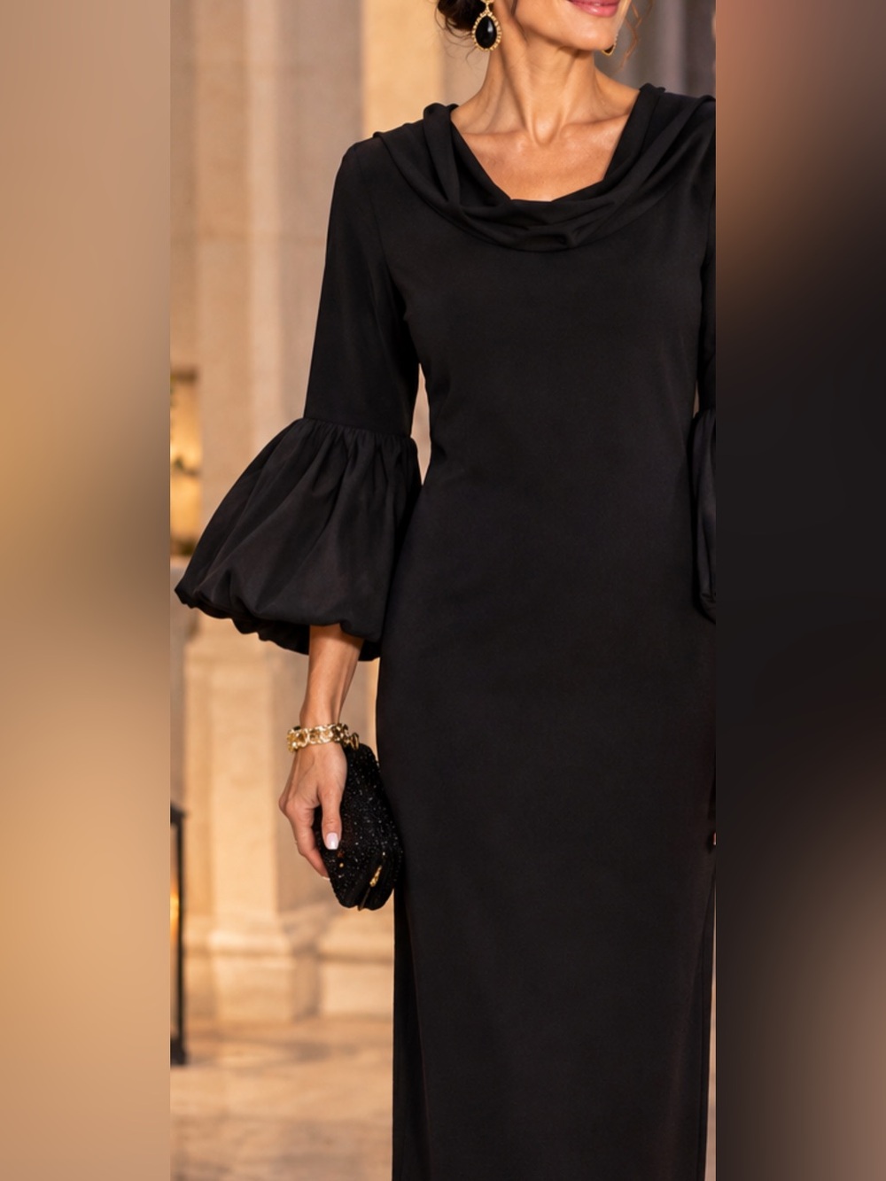 Black Cowl Neck Bell Sleeve Dress by Joseph Ribkoff